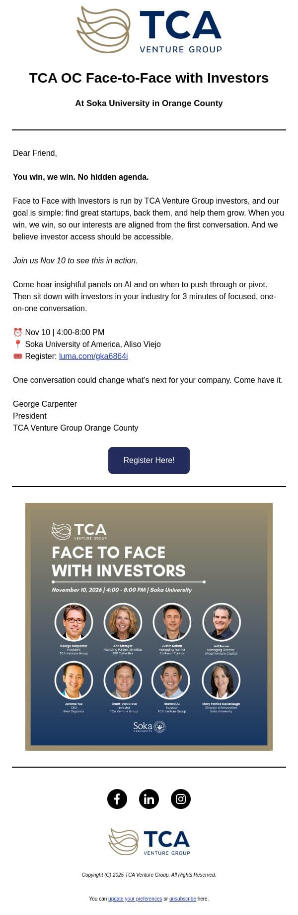 3 minutes. At the table with investors. email from TCA Venture Group screenshot