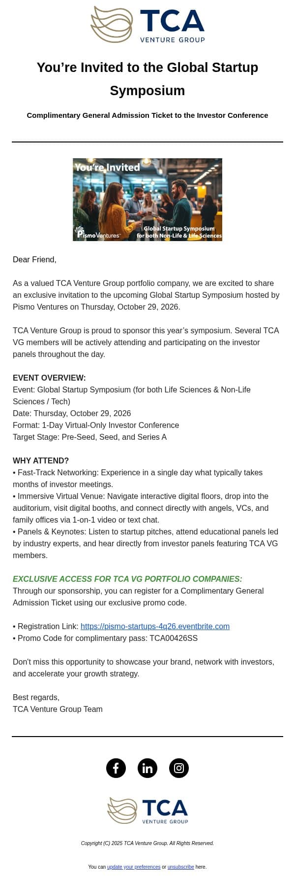 You’re invited to the Global Startup Symposium! email from TCA Venture Group screenshot