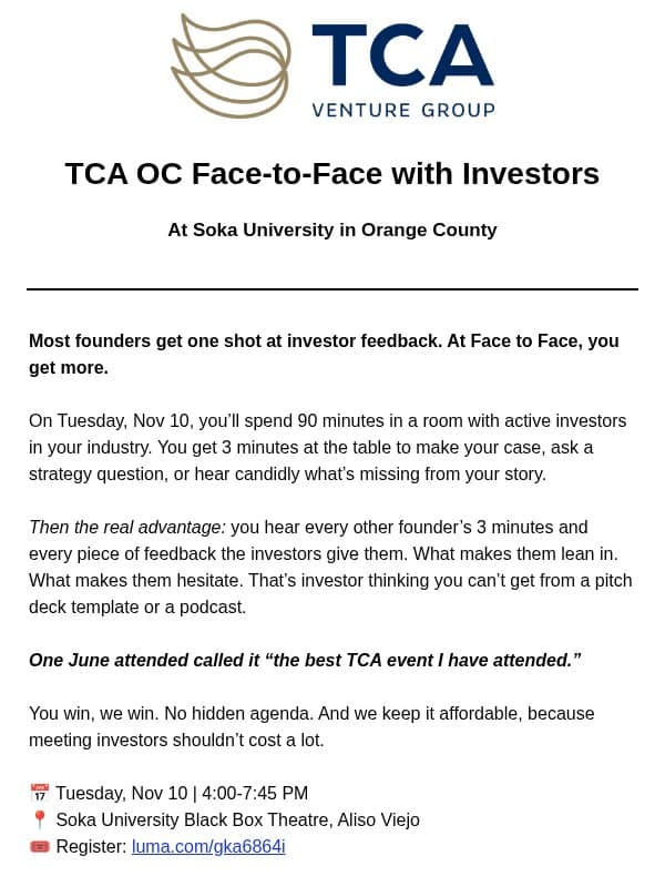 Stop guessing what investors think. Ask them. email from TCA Venture Group