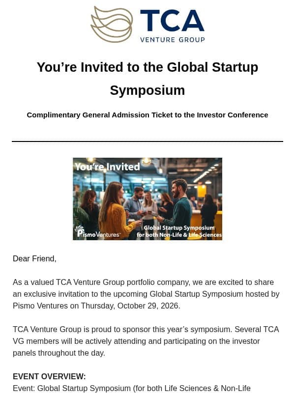 You’re invited to the Global Startup Symposium! email from TCA Venture Group