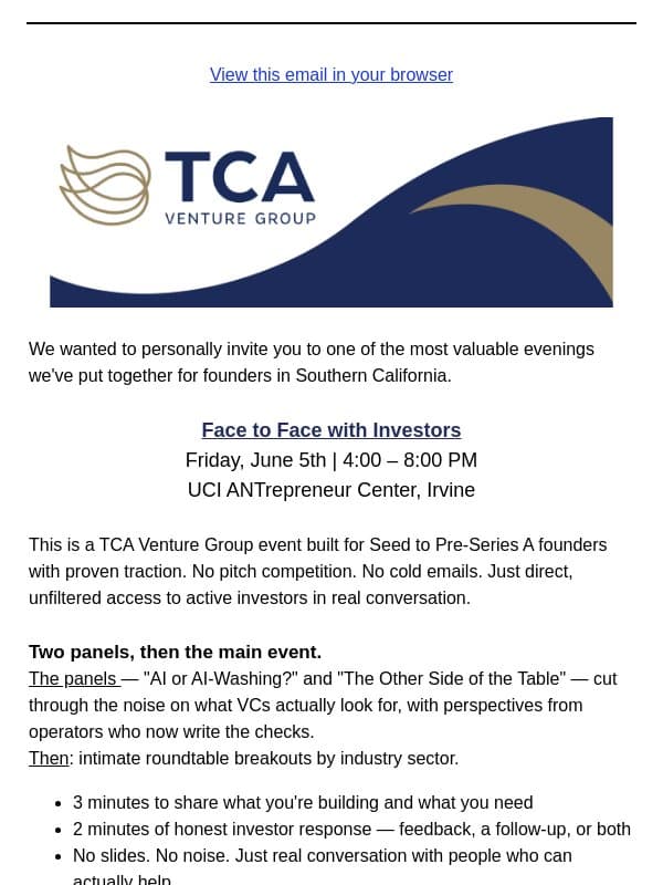 Face to Face with Investors — The event we wish existed when we were founders email from TCA Venture Group
