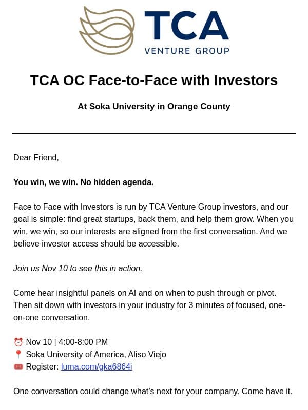3 minutes. At the table with investors. email from TCA Venture Group