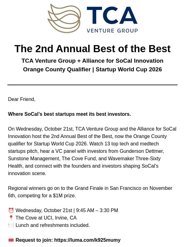 Come meet the Best of the Best in SoCal! email from TCA Venture Group