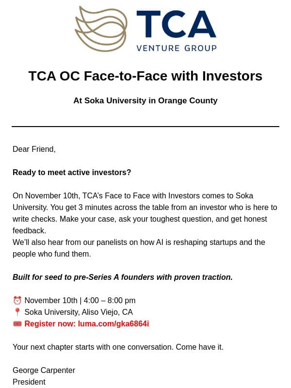 Your invitation to meet active TCA investors! email from TCA Venture Group