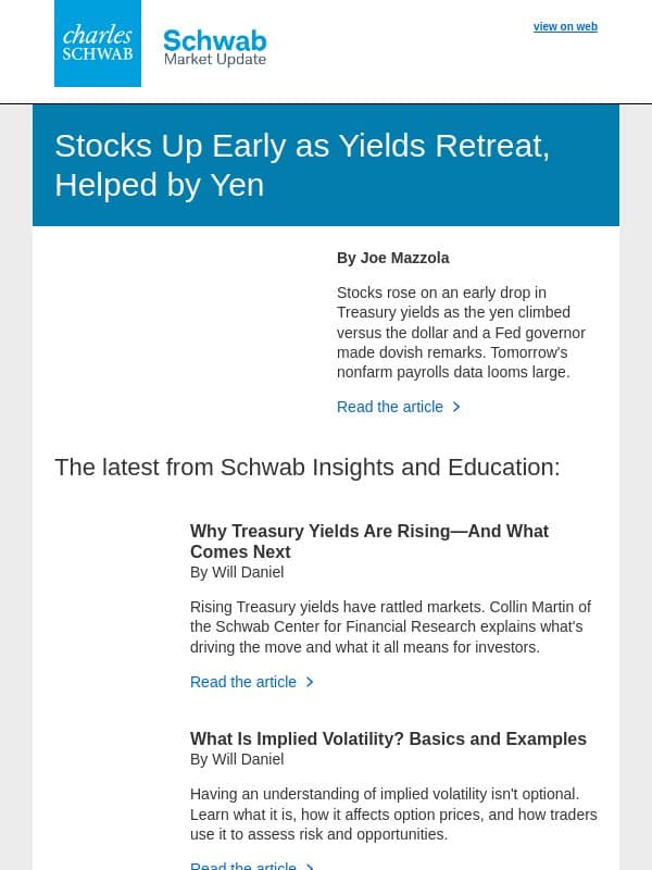 Stocks Up Early as Yields Retreat, Helped by Yen email from TD Ameritrade