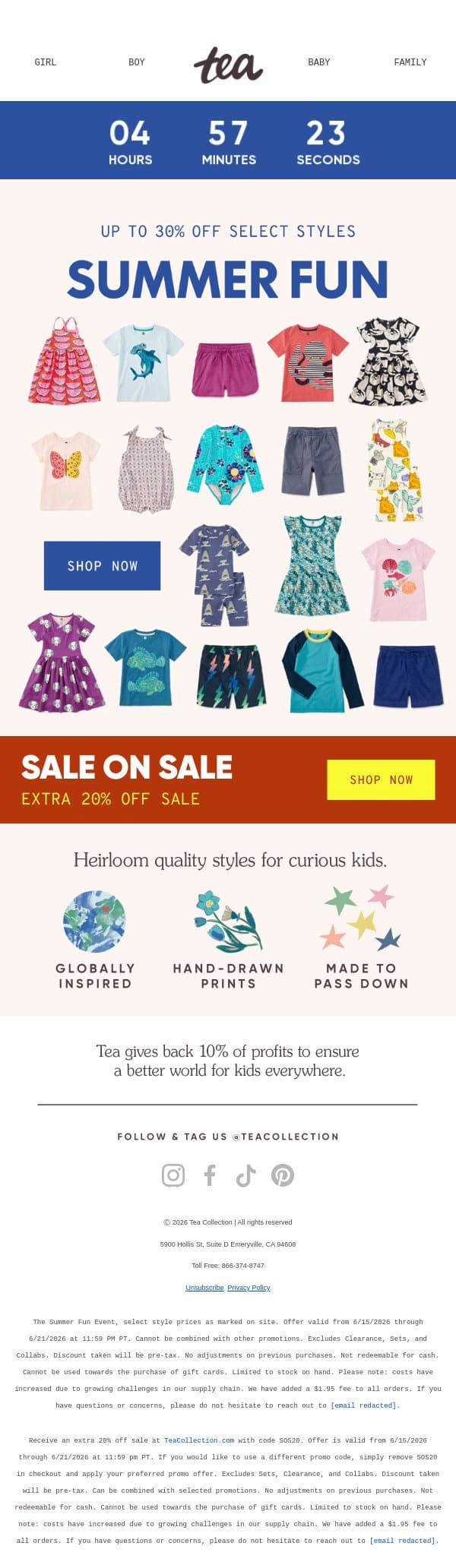 ⏰ FINAL HOURS: Summer Fun + Extra 20% Off Sale email from Tea Collection screenshot