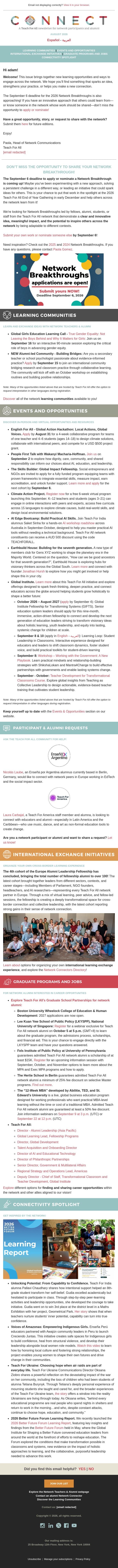 CONNECT | August 2026: Apply for Network Breakthroughs - Join the Climate Action Project - Discover a new alumni-led community - Apply for the Global Impact Fellowship - and more! email from Teach For All screenshot