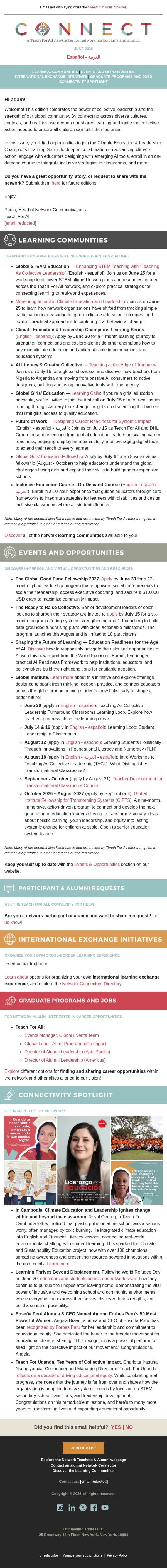 CONNECT | June 2026: Apply for the Girl´s Ed Fellowship & the Climate Ed Champions Series - Learn practical AI Readiness frameworks - Access Social Impact Grant - and more! email from Teach For All screenshot
