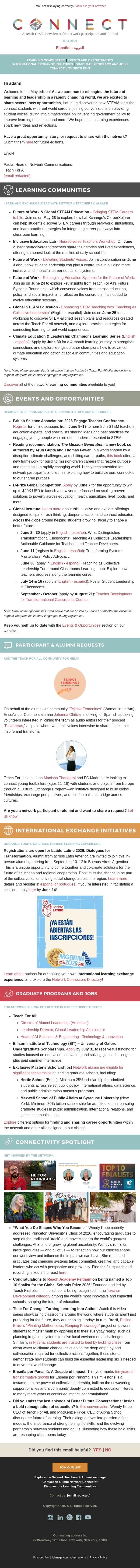 CONNECT | May 2026: Apply for Master’s Scholarships - Join a Policy Masterclass - Listen to Students’ Voices - Discover STEAM Teaching Tools - and more! email from Teach For All screenshot