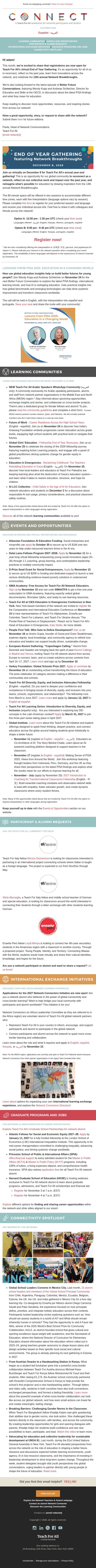 CONNECT | October 2026: Register for Teach For All’s End of Year Gathering – Join the Better Future Conversations -Discover new fellowships - and more! email from Teach For All screenshot