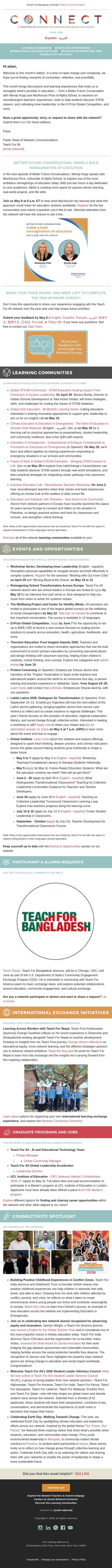 CONNECT | April 2026: Join a conversation with MacKenzie Price of Alpha School - Apply to D-Prize Global Competition - Cultivate inner leadership - and more! email from Teach For All screenshot