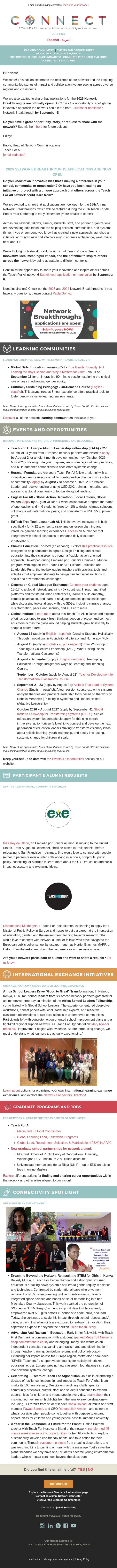 CONNECT | July 2026: Apply for the Network Breakthroughs! - Explore an AI teacher planner tool - Engage in a climate action hackathon - and more! email from Teach For All screenshot