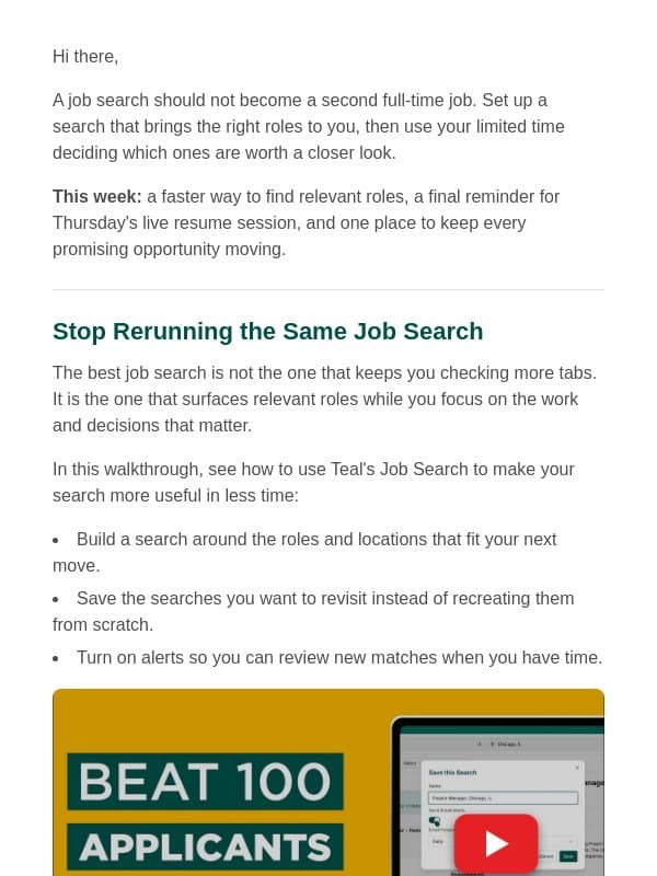 Saved Search Shortcut email from Teal