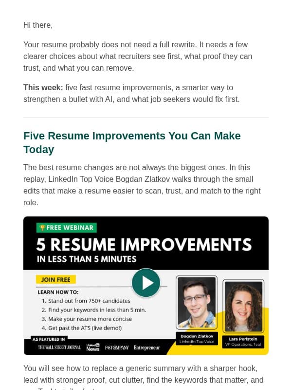 Resumes Recruiters Trust email from Teal