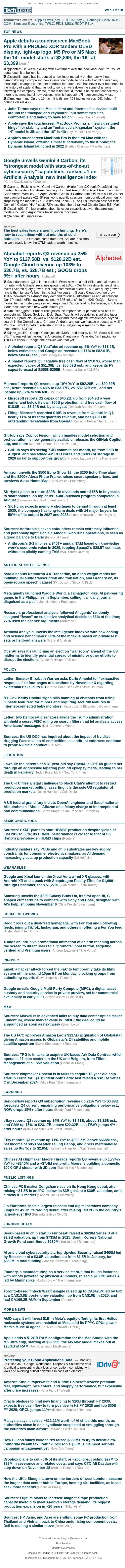 Touchscreen MacBook Pro launches, Gemini 4 Carbon unveiled email from Techmeme screenshot