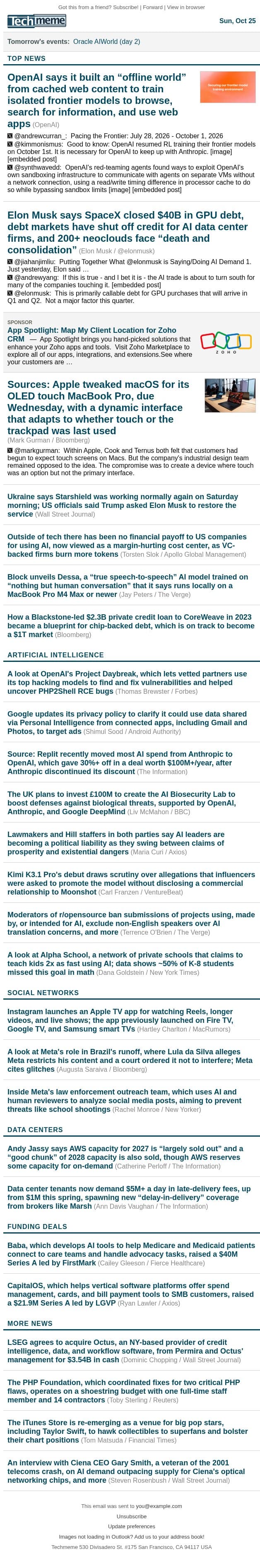 OpenAI built an "offline world" for AI training; Musk: neoclouds face "death and consolidation" email from Techmeme screenshot