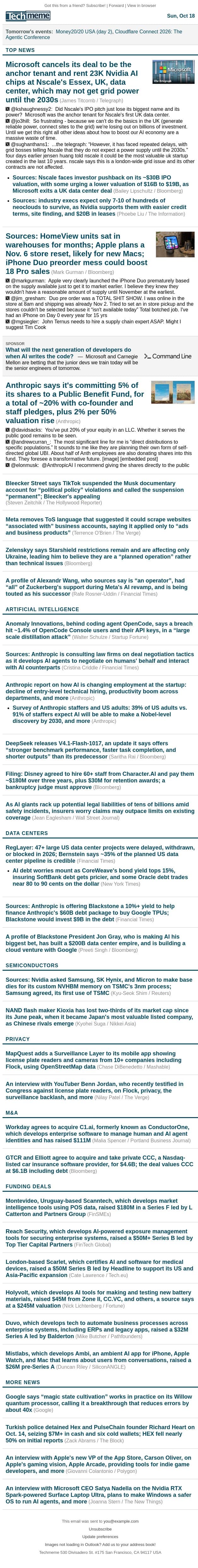 Microsoft axes UK Nscale deal, Apple's "major mistake" with iPhone Duo preorders email from Techmeme screenshot