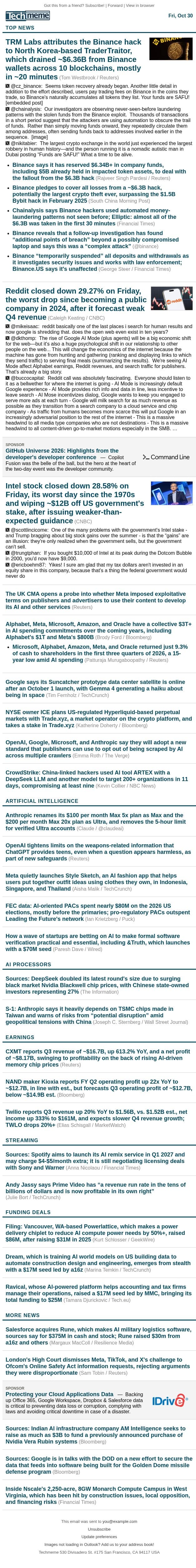 North Korea could be behind Binance hack; Reddit, Intel stocks tank email from Techmeme screenshot
