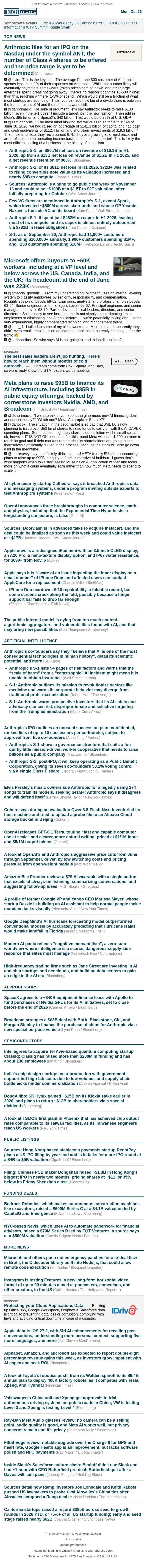 Anthropic drops S-1, Microsoft offers buyouts to 60K staff email from Techmeme screenshot