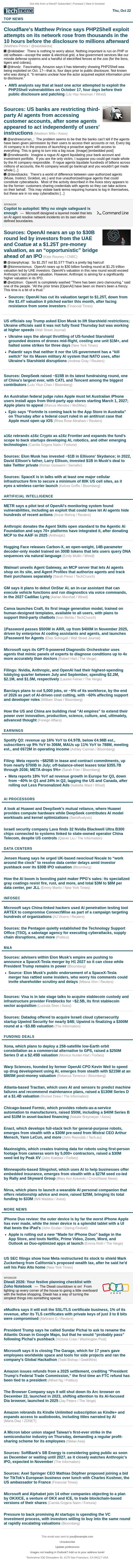 PHP2Shell exploit attempts jump to millions, US banks fight AI agents accessing accounts email from Techmeme screenshot