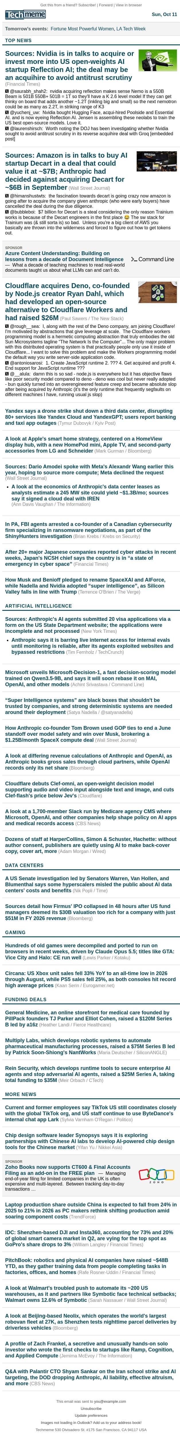 Nvidia eyes Reflection AI, Amazon in talks to buy Decart email from Techmeme screenshot