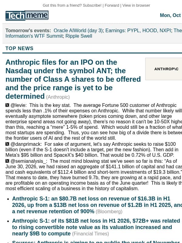 Anthropic drops S-1, Microsoft offers buyouts to 60K staff email from Techmeme