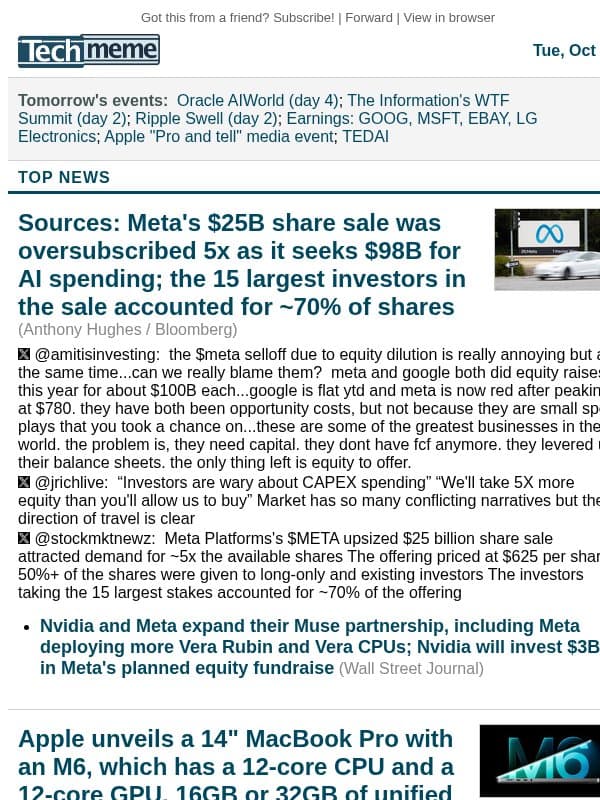 Meta's stock sale oversubscribed, M6 MacBook Pro and iMac unveiled email from Techmeme