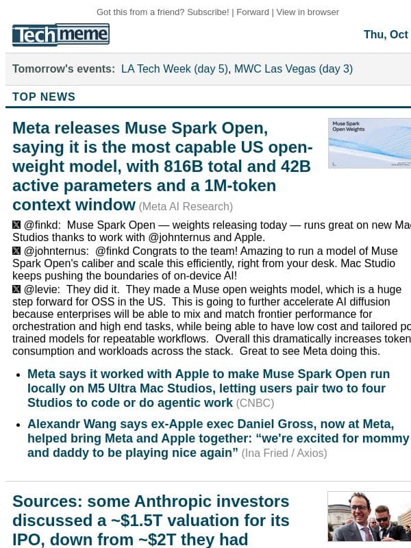 Muse Spark Open released, Anthropic growth raises IPO questions email from Techmeme