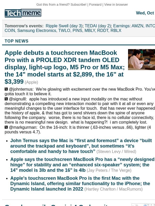 Touchscreen MacBook Pro launches, Gemini 4 Carbon unveiled email from Techmeme