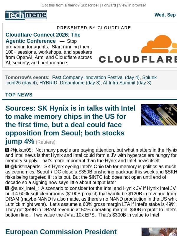 SK Hynix in talks with Intel, EU Kids Act is coming email from Techmeme