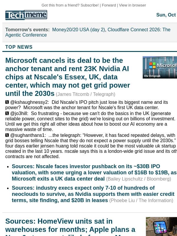 Microsoft axes UK Nscale deal, Apple's "major mistake" with iPhone Duo preorders email from Techmeme