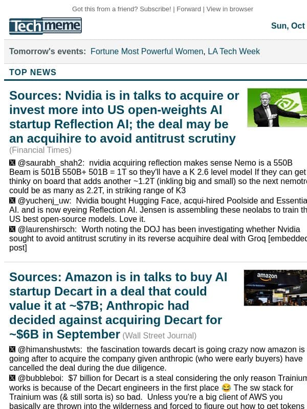Nvidia eyes Reflection AI, Amazon in talks to buy Decart email from Techmeme