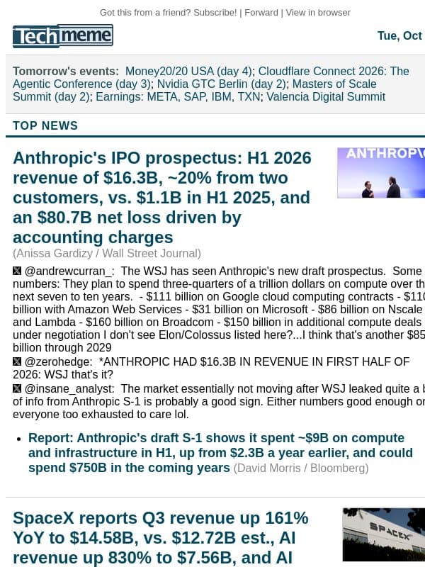Anthropic's H1 $80B net loss, SpaceX AI revenue up 830% email from Techmeme
