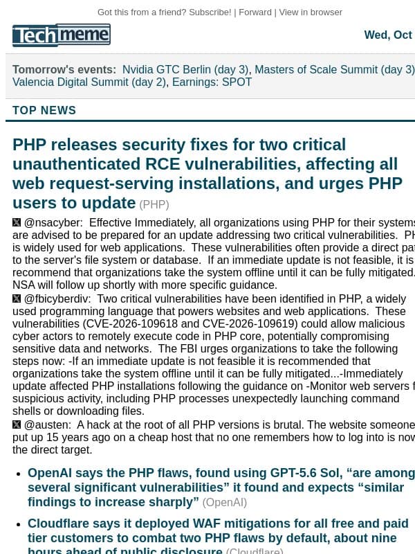 PHP fixes critical RCE vulnerabilities, Meta reports Q3 earnings email from Techmeme