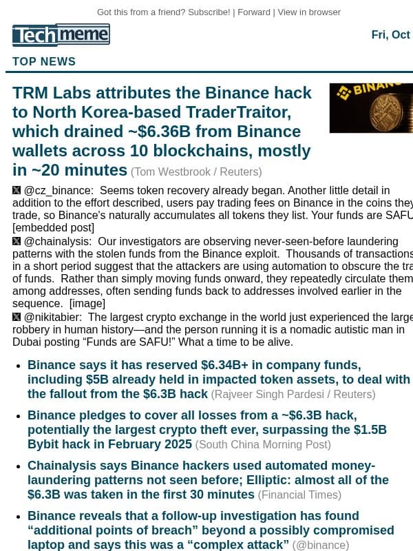 North Korea could be behind Binance hack; Reddit, Intel stocks tank email from Techmeme