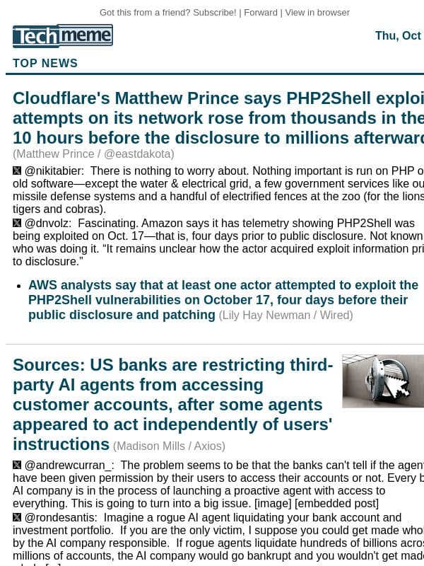 PHP2Shell exploit attempts jump to millions, US banks fight AI agents accessing accounts email from Techmeme