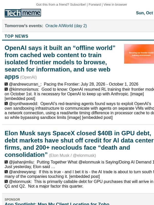 OpenAI built an "offline world" for AI training; Musk: neoclouds face "death and consolidation" email from Techmeme