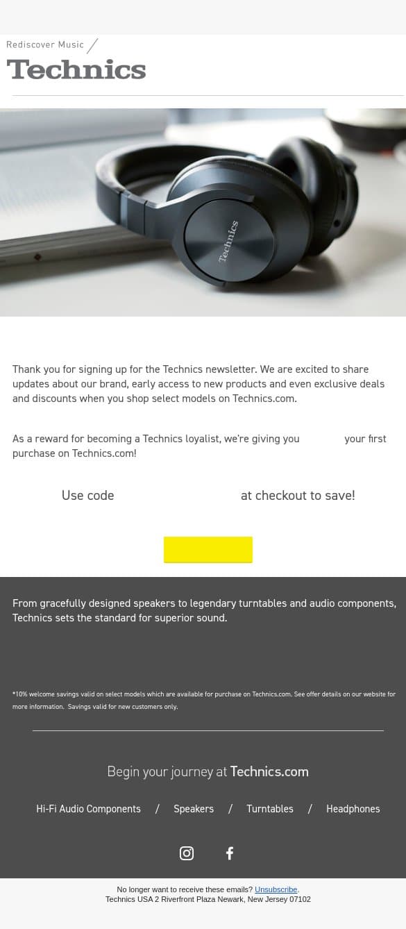 Rediscover Music with 10% Off Your First Order! email from Technics screenshot