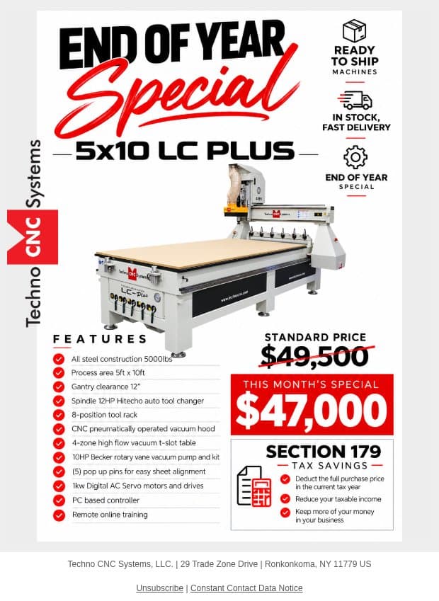 Reminder: End of the year SPECIAL! 5x10 CNC Machines email from Techno CNC Systems screenshot