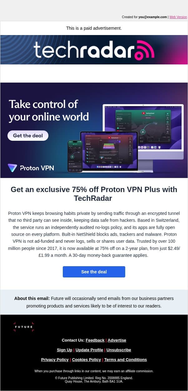 Proton VPN Black Friday Sale: Save 75% on a 2-year plan email from TechRadar screenshot