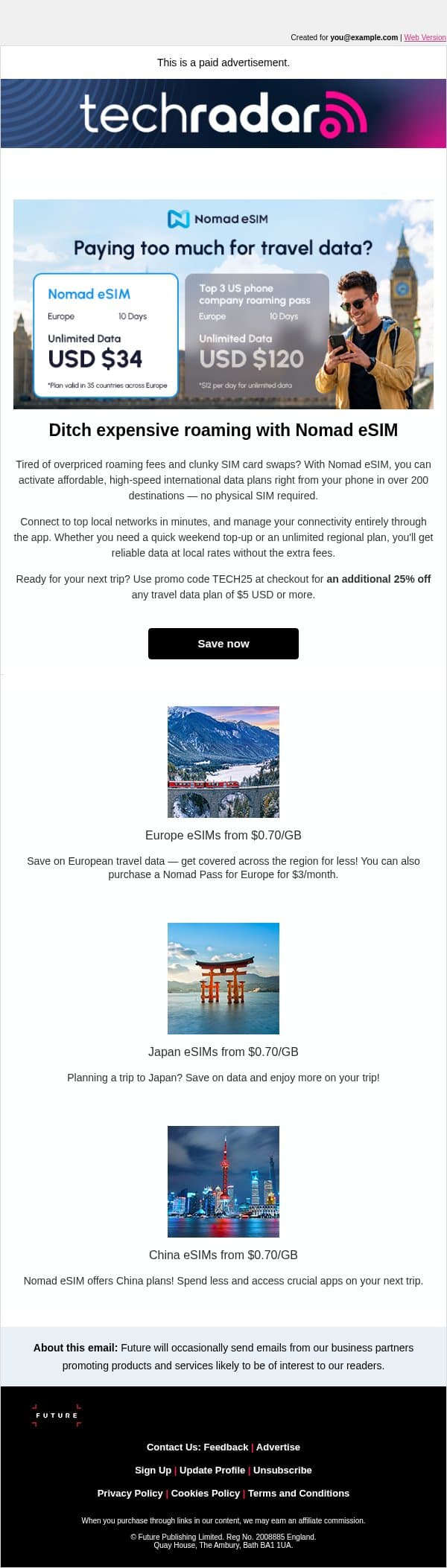 Ditch expensive roaming with Nomad eSIM email from TechRadar screenshot