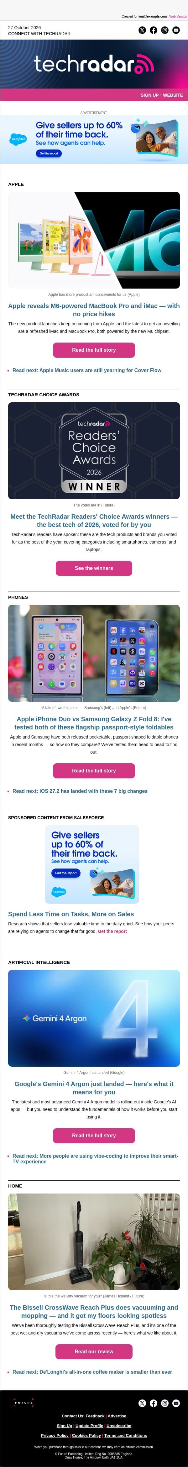 Apple unveils M6 MacBook Pro and iMac — with no price hikes email from TechRadar screenshot