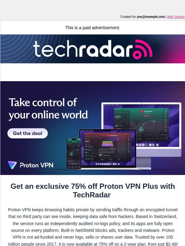 Proton VPN Black Friday Sale: Save 75% on a 2-year plan email from TechRadar