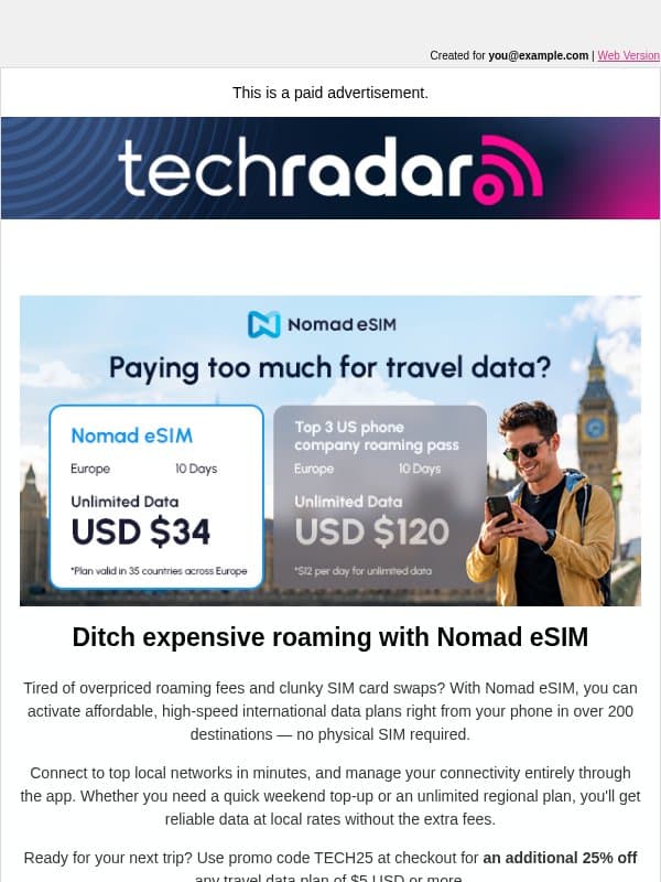 Ditch expensive roaming with Nomad eSIM email from TechRadar