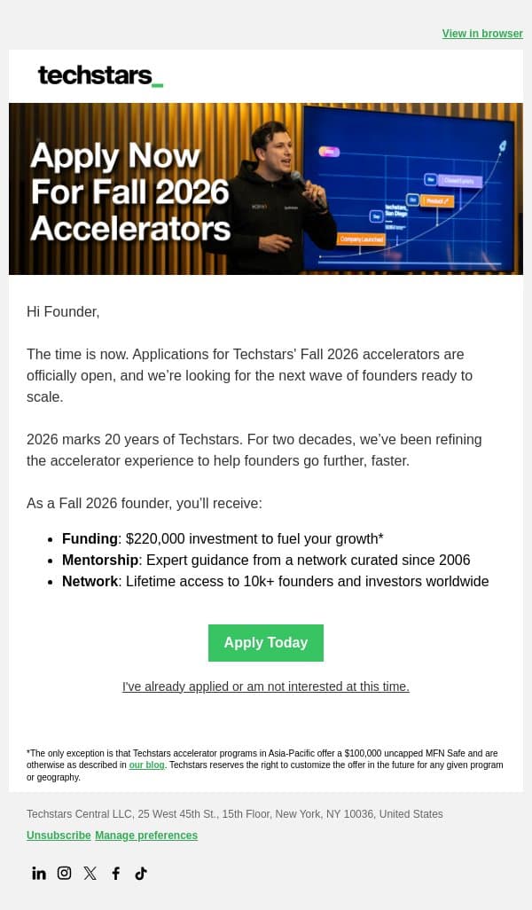 ‼️ Applications Open: Scale With $220K Investment email from Techstars screenshot