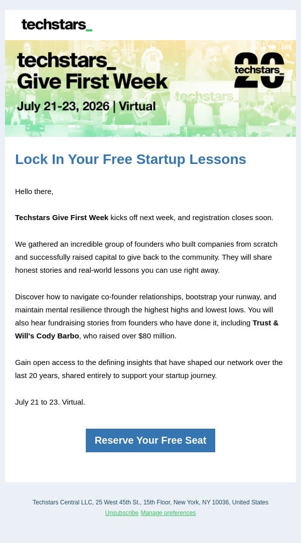 Final Call For Techstars Give First Week email from Techstars screenshot