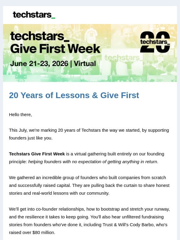 Startup Lessons From 20 Years of Techstars email from Techstars