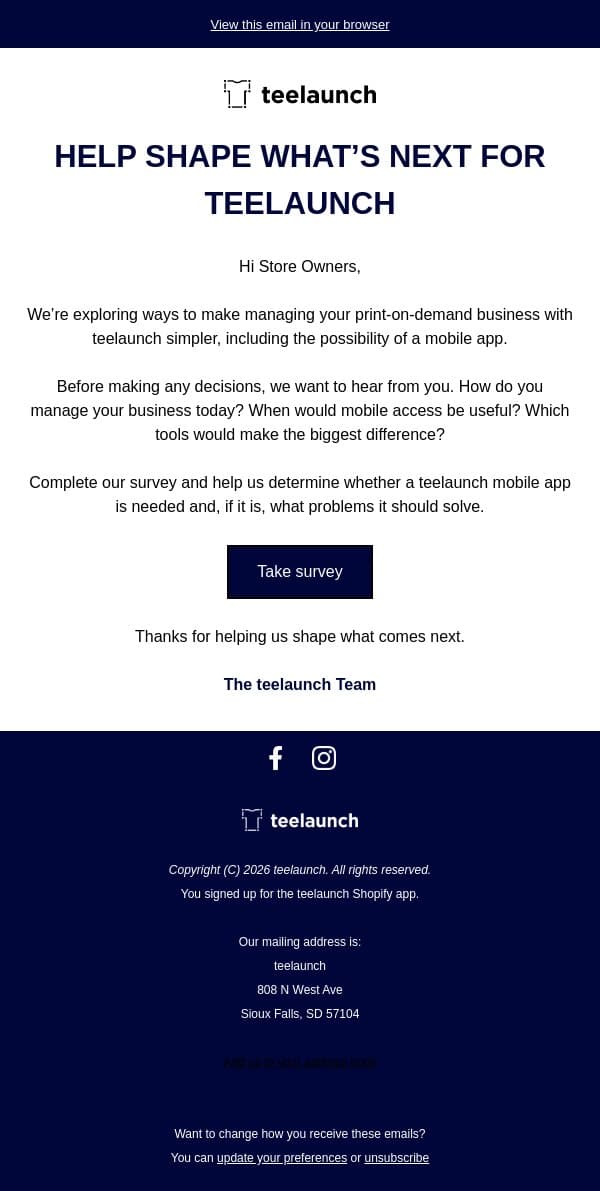 We'd love your feedback email from Teelaunch screenshot