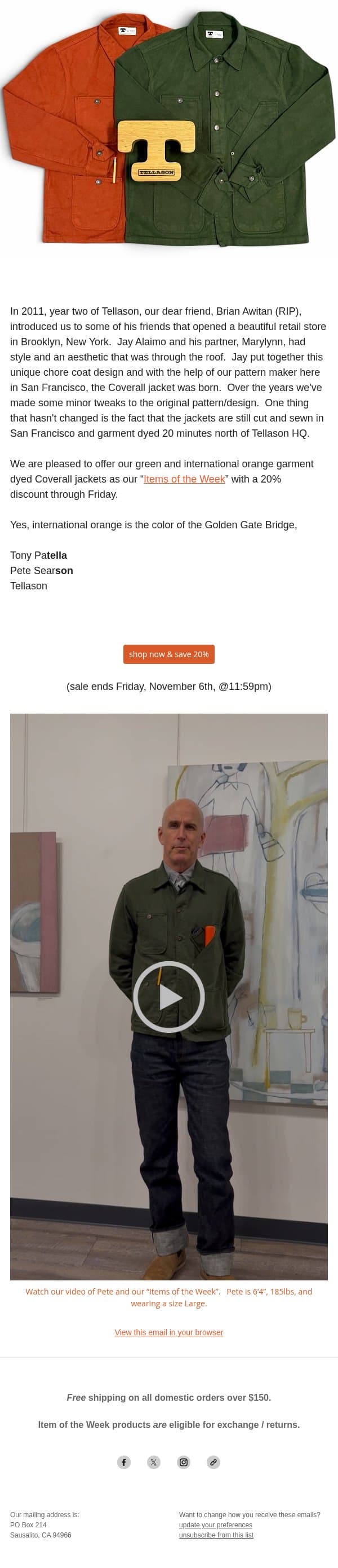 Items of the Week - Coverall Jackets in International Orange & Green email from Tellason screenshot