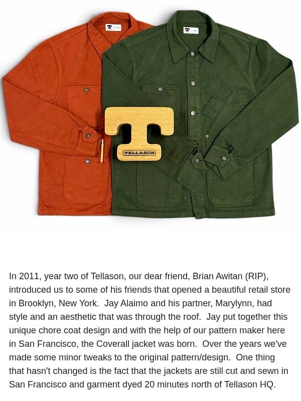 Items of the Week - Coverall Jackets in International Orange & Green email from Tellason